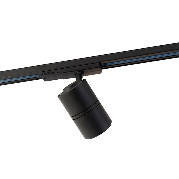 Schwarzer zylindrischer Strahler montiert an einem Schienensystem.