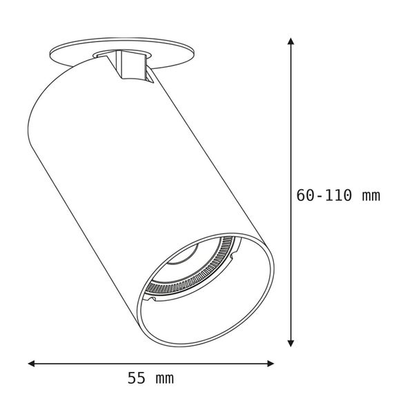 Technische Zeichnung eines zylindrischen LED Strahlers mit Maßangaben von 55 Millimeter Durchmesser und 60 bis 110 Millimeter Höhe.