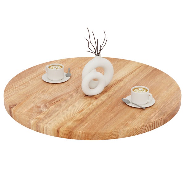Runde Tischplatte aus Massivholz mit markanter Maserung, dekoriert mit modernen Vasen und Kaffeetassen.