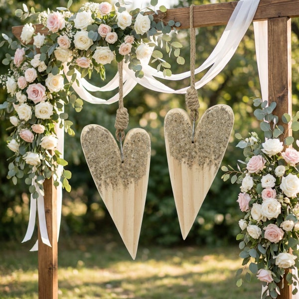 Zwei hängende Holzherzen mit Glitzerverzierung, dekoriert an einem hölzernen Hochzeitsbogen mit Rosen und Eukalyptus im Außenbereich.