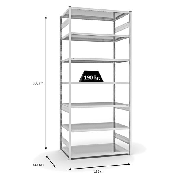 PROREGAL Fachbodenregal Stecksystem T-Profil Light-Duty Grundregal HxBxT 300 x 130 x 80 cm 7 Ebenen Fachlast 190 kg Beidseitig Nutzbar Lichtgrau