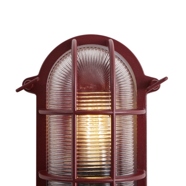Wandleuchte im Industriedesign mit Schutzgitter und geripptem Glasdiffusor für den Außenbereich