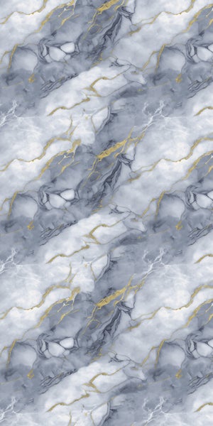 Vliestapete in Marmoroptik mit grauen und weißen Mustern sowie goldenen Adern.