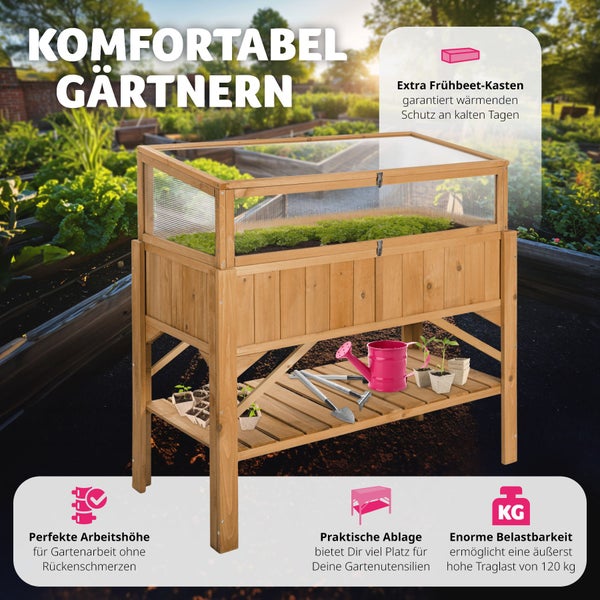 Hochbeet tectake  119 x 57 x 124 cm aus Holz, mit Ablage und Frühbeet-Aufsatz braun