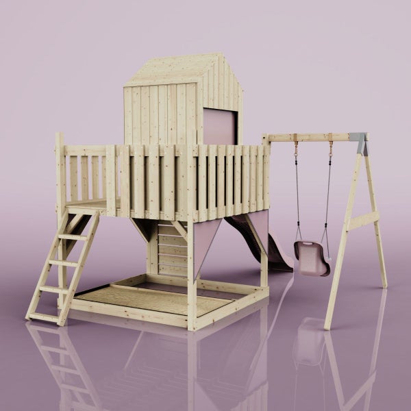 Spielturm aus Holz mit Spielhaus, Rutsche, Schaukel, Leiter und Sandkasten.
