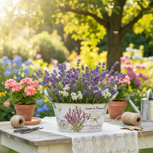 Lavendel im Zinneimer, Geranien in Tontöpfen, Gartenschere, Bindfaden und Gießkanne auf Holztisch in sonnigem Garten.
