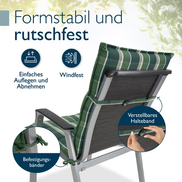 Grün karierte Gartenstuhl-Auflage auf einem Metallstuhl mit verstellbarem Halteband und Befestigungsbändern für windfesten Halt.