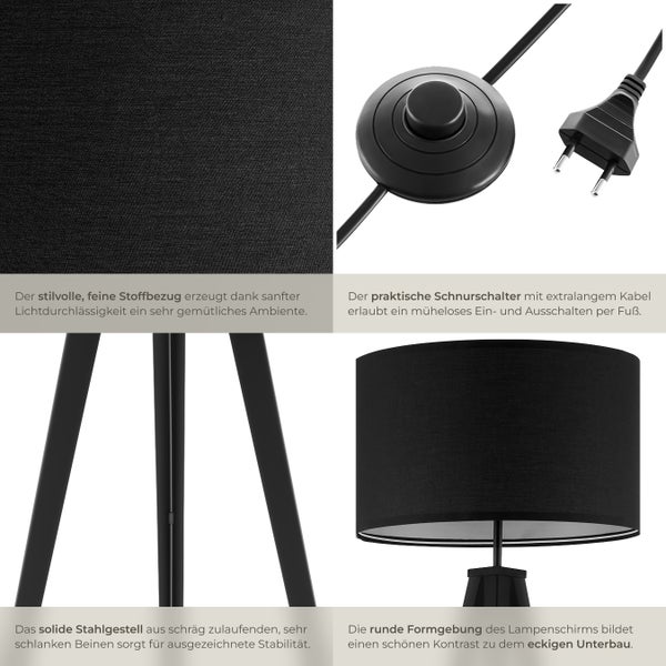Detailansichten einer Stehlampe mit Stoffbezug, Fußschalter und Stahlgestell