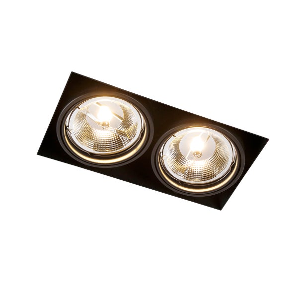 Zweiflammiger Einbaustrahler in Schwarz mit runden LED-Reflektoren und warmweißem Licht.