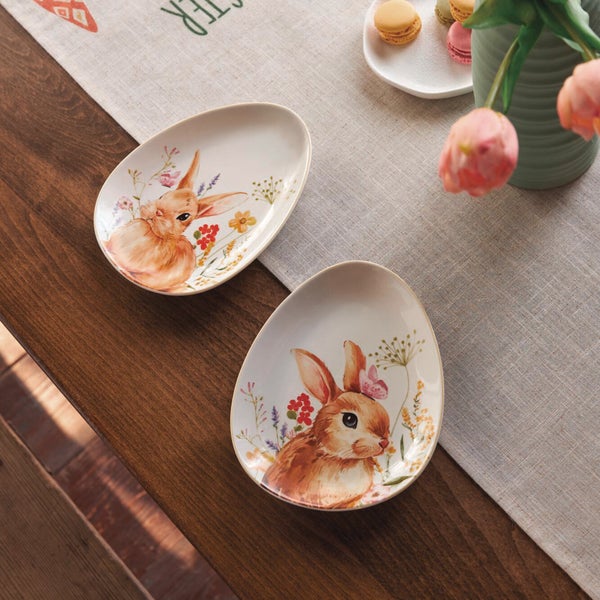 FRANK FLECHTWAREN|Osterteller Blumenhäschen, 2er Set, 16 x 20 cm, PORZELLAN