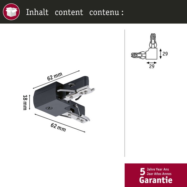 L-Verbinder für Schienensystem mit Maßen 62 Millimeter mal 62 Millimeter mal 18 Millimeter und 5 Jahre Garantie.
