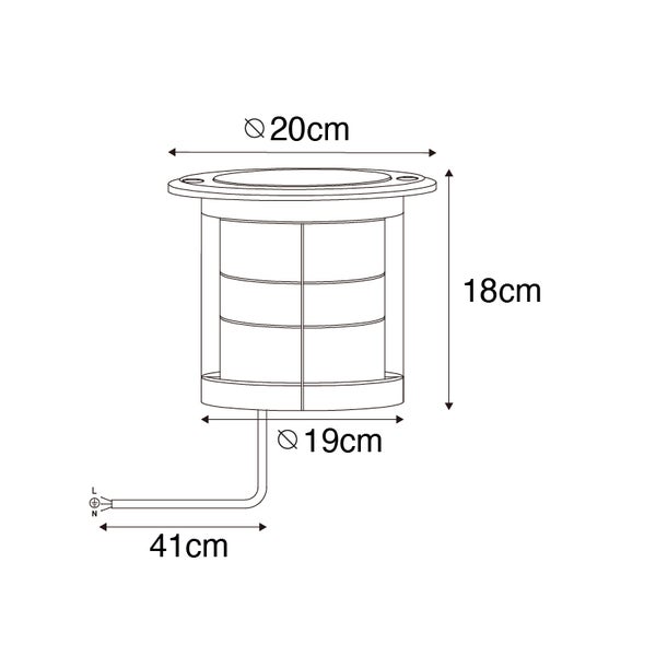 Maßzeichnung Außenleuchte: Durchmesser oben 20 Zentimeter, unten 19 Zentimeter, Höhe 18 Zentimeter, Kabellänge 41 Zentimeter.
