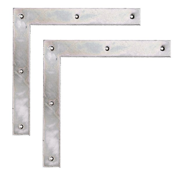 Zwei verzinkte Eckverbinder aus Metall mit vorgebohrten Senkkopflöchern zur stabilen Holzverbindung.