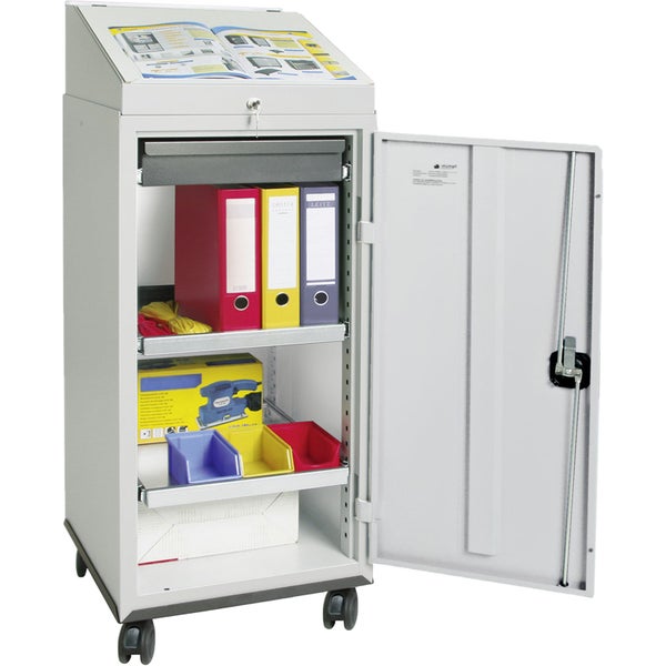 Hellgrauer mobiler Industriepult aus Metall mit Rollen, abschließbarem Schreibpult-Aufsatz, Schublade und Fachböden.