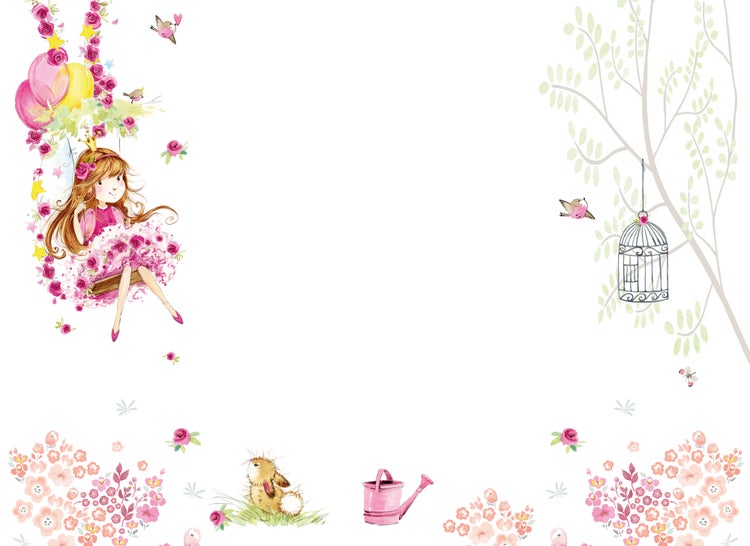 Fototapete mit Aquarell-Illustrationen: Mädchen auf Schaukel, Blumen, Vögel, Hase, Gießkanne und Vogelkäfig.