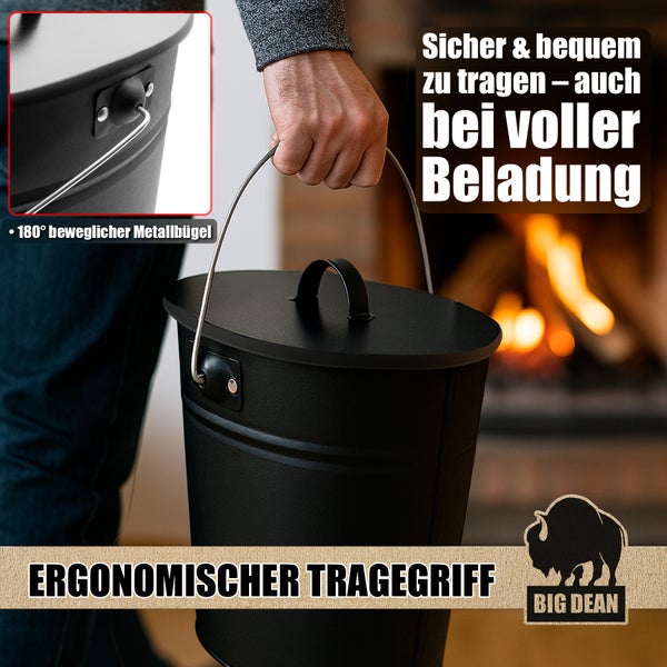 Ein Mann trägt einen schwarzen Kaminholzeimer mit Deckel und ergonomischem Tragegriff