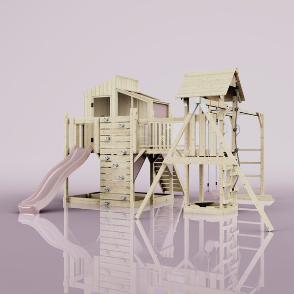 Holzspielplatz mit Rutsche, Kletterwand und Schaukel