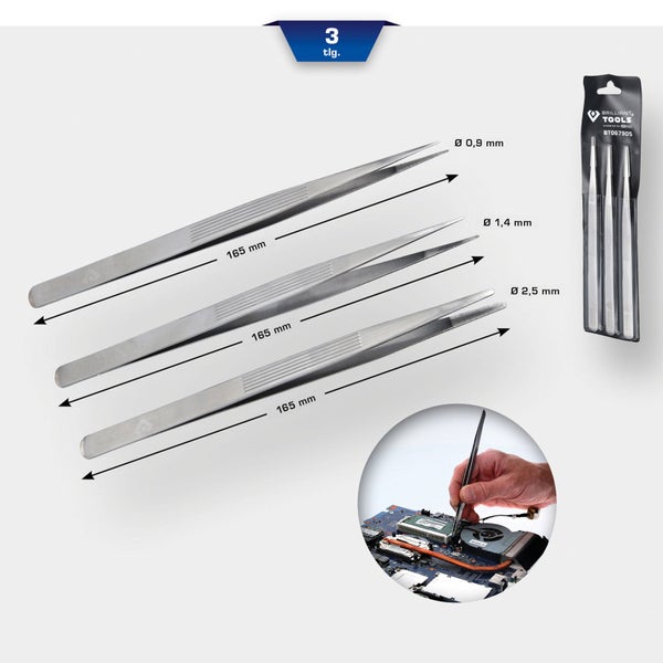 Dreiteiliges Pinzetten-Set von Brilliant Tools aus Edelstahl in einer schwarzen Kunststofftasche.