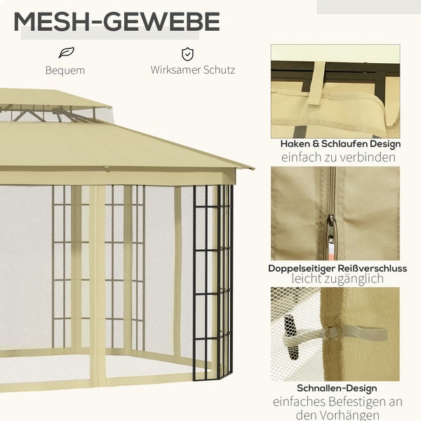 Detailansicht des Mesh-Gewebes eines Pavillons mit Haken- und Schlaufendesign, doppelseitigem Reißverschluss und Schnallendesign zur einfachen Befestigung.