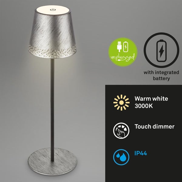 LED Akku-Tischleuchte Tischlampe höhenverstellbar IP44 silber RGB innen außen