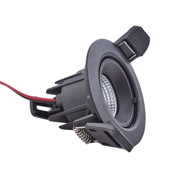 LED-Einbaustrahler in Schwarz mit runder Blende, rückseitigem Gehäuse und Montagefedern für Deckenmontage.