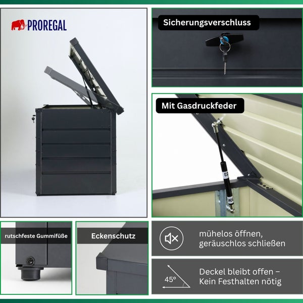 Proregal Logo. Metall-Auflagenbox mit Gasdruckfeder, Schloss, Gummifüßen und Eckenschutz. Deckel bleibt bei 45 Grad offen.