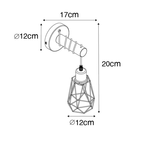 Technische Zeichnung einer Wandleuchte mit den Maßen 17 Zentimeter, 12 Zentimeter und 20 Zentimeter.