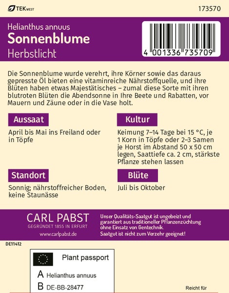 Rückseite einer Carl Pabst Saatgutpackung für Sonnenblumen der Sorte Herbstlicht mit Informationen zu Aussaat, Kultur, Standort und Blütezeit.