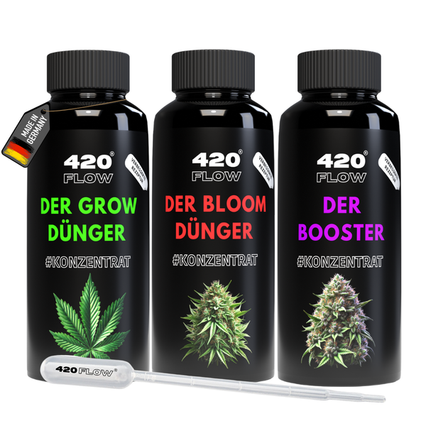 Set aus drei 420 Flow Düngerkonzentraten inklusive Pipette für die Pflanzenpflege und Wachstumsförderung hergestellt in Deutschland
