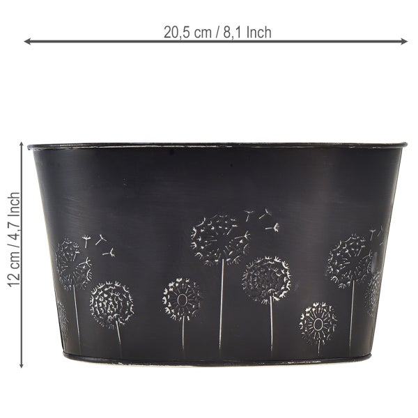 Schwarzer Dekotopf aus Metall mit weißem Pusteblumen-Motiv, Breite 20,5 Zentimeter und Höhe 12 Zentimeter.