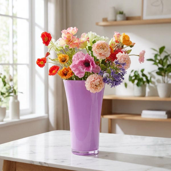Eine glänzende Blumenvase mit einem bunten Strauß aus künstlichen Frühlingsblumen auf einem Marmortisch in einem hellen Wohnraum.