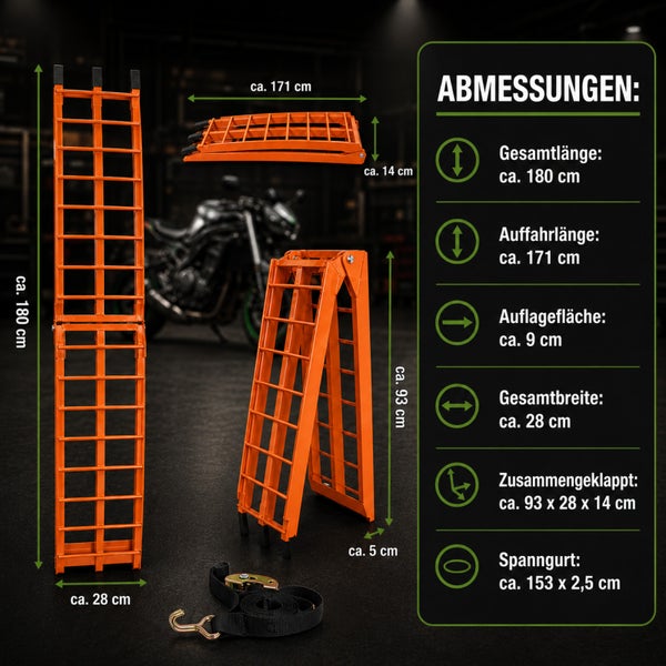 Orangefarbene klappbare Motorrad-Auffahrrampe: Gesamtlänge circa 180 Zentimeter, Breite circa 28 Zentimeter, inklusive schwarzem Spanngurt.