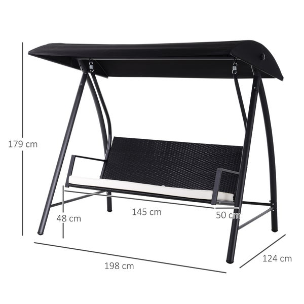Outsunny Hollywoodschaukel, 3-Sitzer, mit Dach, 198 x 124 x 179 cm, Polyrattan+Metall, Schwarz