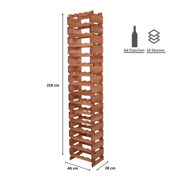 Weinregal VINOTECA FLEX PRO HxBxT 219x46x28cm 64 Flaschen auf 16 Ebenen Massives Kiefernholz Braun geölt