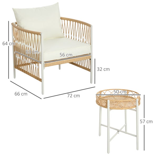 Outsunny 3er Set Rattan Gartenmöbel-Set, Gartengarnitur mit 2 Gartenstühle, Couchtisch, Balkonmöbel-Set mit Kissen, für Balkon, Terrasse, Gelb+Creme