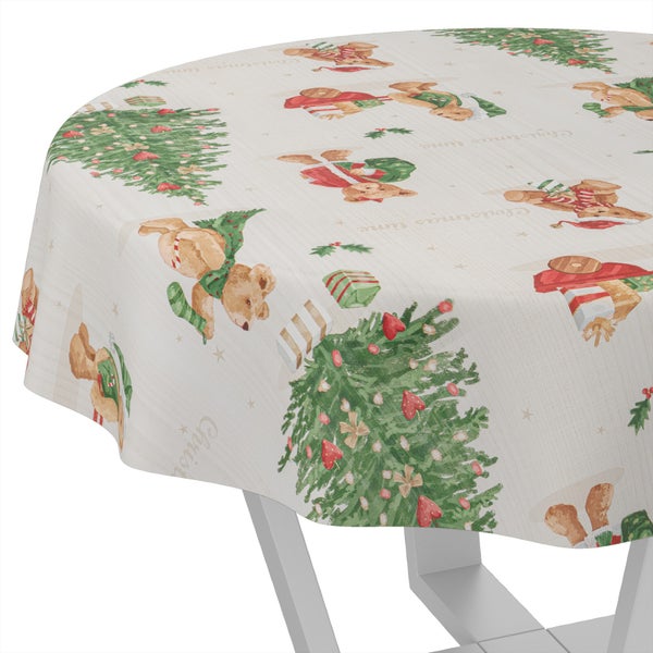 Runde Weihnachtstischdecke mit Motiven von Teddybären, Weihnachtsbäumen und Geschenken.