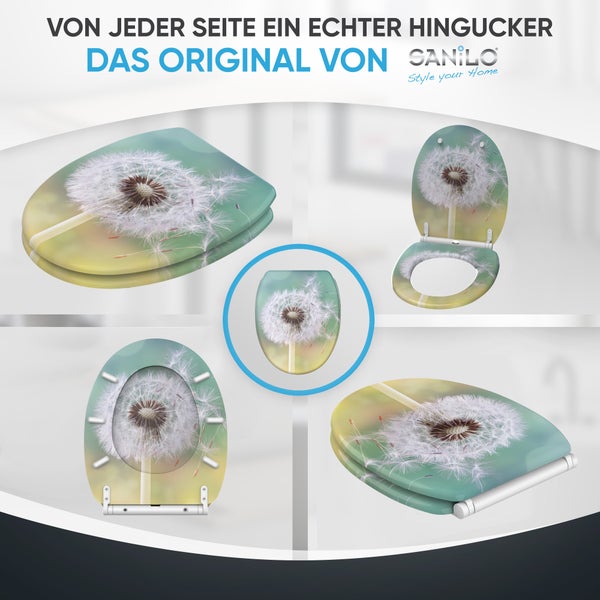 Sanilo Toilettensitz mit Pusteblumen-Motiv aus verschiedenen Perspektiven: geschlossen, geöffnet und von der Unterseite, Sanilo Logo.