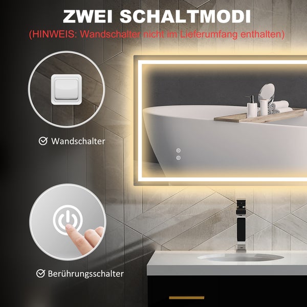 Badezimmer mit beleuchtetem Spiegel, Waschbecken und Badewanne