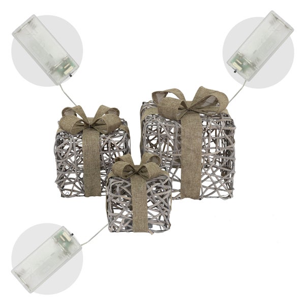 ECD Germany 3er Set LED Geschenkboxen Weihnachten mit Schleifen, Rattan, Braun-Grau, Warmweiß, batteriebetrieben, Timer, Weihnachtsdeko Geschenk Beleuchtet Weihnachtsbaum Dekoration Weihnachtsgeschenk
