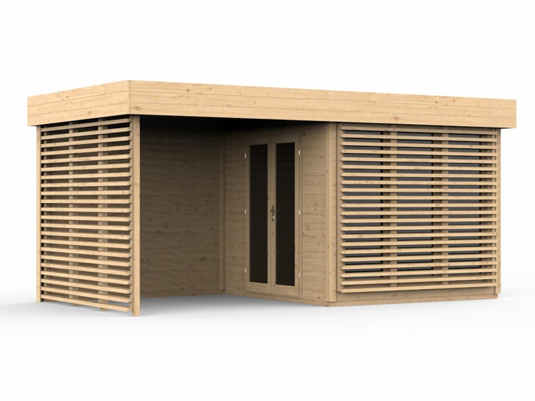 Modernes Gartenhaus aus hellem Holz mit Flachdach, verglaster Doppeltür und dekorativen Lamellenwänden.