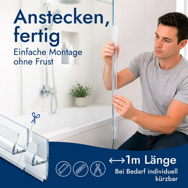 Ein Mann montiert eine transparente Dichtung an eine Glas-Duschwand in einem hellen Badezimmer. Die Dichtung ist auf 1 Meter Länge kürzbar.
