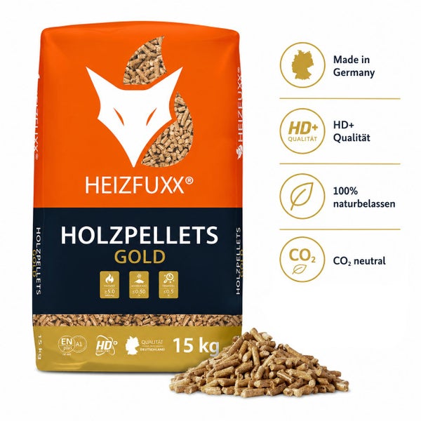 Sack mit 15 kg Holzpellets Gold der Marke Heizfuxx mit Zertifizierung und Qualitätsmerkmalen wie Made in Germany und CO2 neutral.