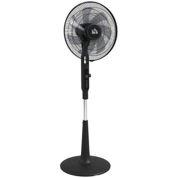 Homcom Standventilator aus schwarzem Kunststoff mit Digitalanzeige, fünf Rotorblättern, Schutzgitter und rundem Standfuß.