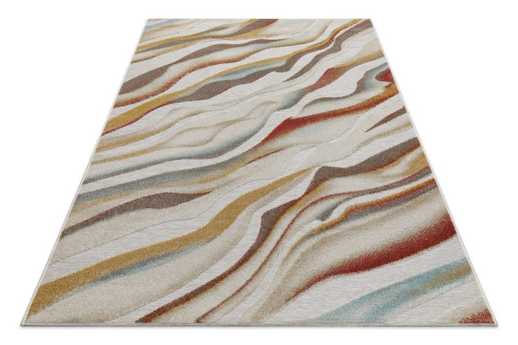 Moderner Teppich mit abstraktem, wellenförmigem Muster in Beige, Braun, Rot und Blau.