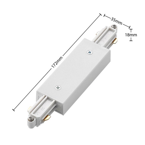 Verbinder für Schienensystem mit Maßen: Länge 172 Millimeter, Breite 35 Millimeter, Höhe 18 Millimeter.