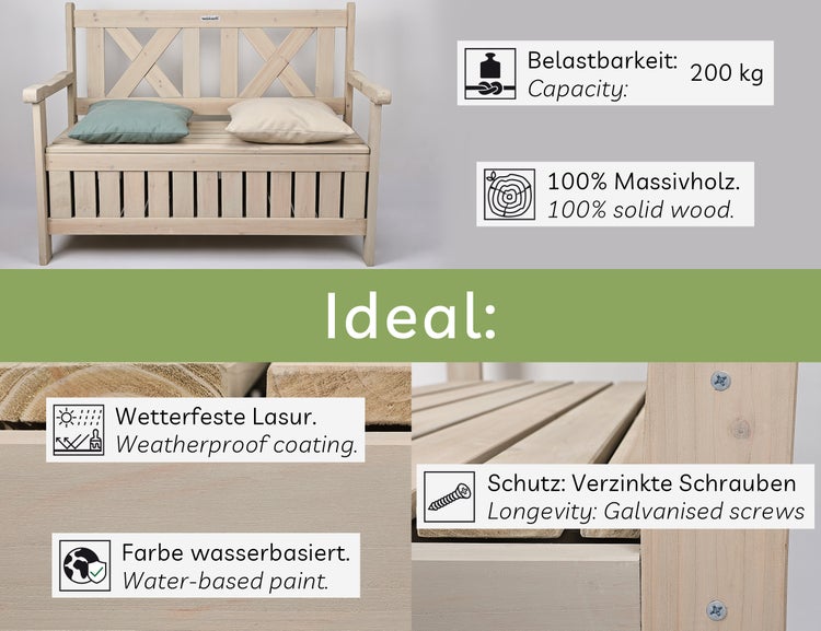 needs&wants® Gartenbank Holz wetterfest mit Stauraum und Abdeckung, 2-Sitzer Truhenbank Holzbank klassisch, Parkbank Sitzbank massiv Garten Outdoor mit Truhe, Naturholz Massivholz, grau-beige