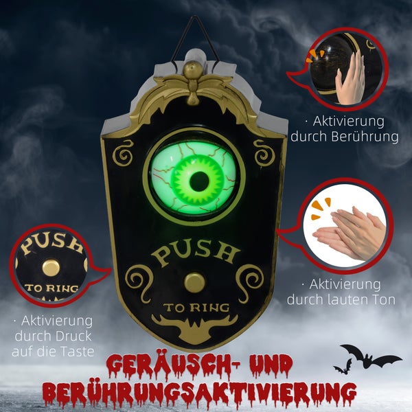 HOMCOM 18cm Halloween Dekoration Türklingel Dekoration mit LED-Lichter, Soundfunktion, Haustür Deko mit animiertem Augapfel, Garten Dekofigur, für Halloween Party