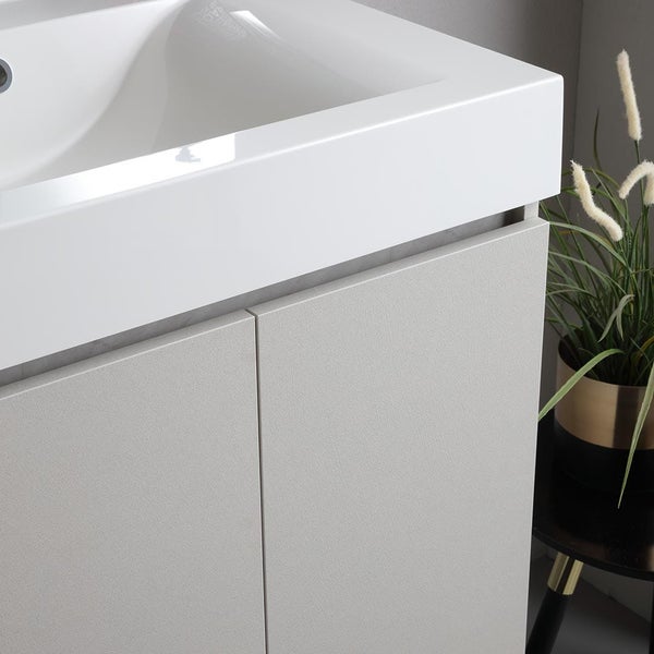 Waschtisch mit Unterschrank in modernem Design mit zwei Türen und einem integrierten Keramikwaschbecken.