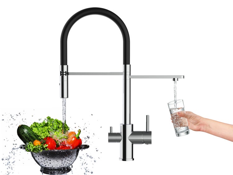 NIEDERDRUCK 3 Wege Wasserhahn Küchenarmatur, FL, mit 360° schwenkbarem Auslauf, abnehmbare 2 strahl Handbrause, Verchromt / Schwarz