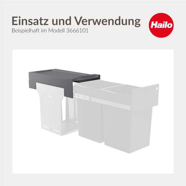 Graues Hailo Abfalltrennsystem mit ausziehbaren Mülleimern und feststehender Ablageplatte. Hailo Logo.